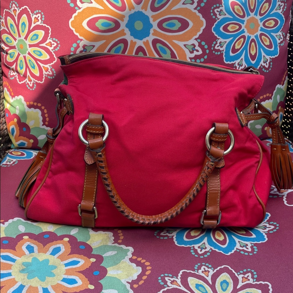 πππDooney & Bourke Coated Canvas Satchel with Tan Leather Accents - Picture 2 of 15